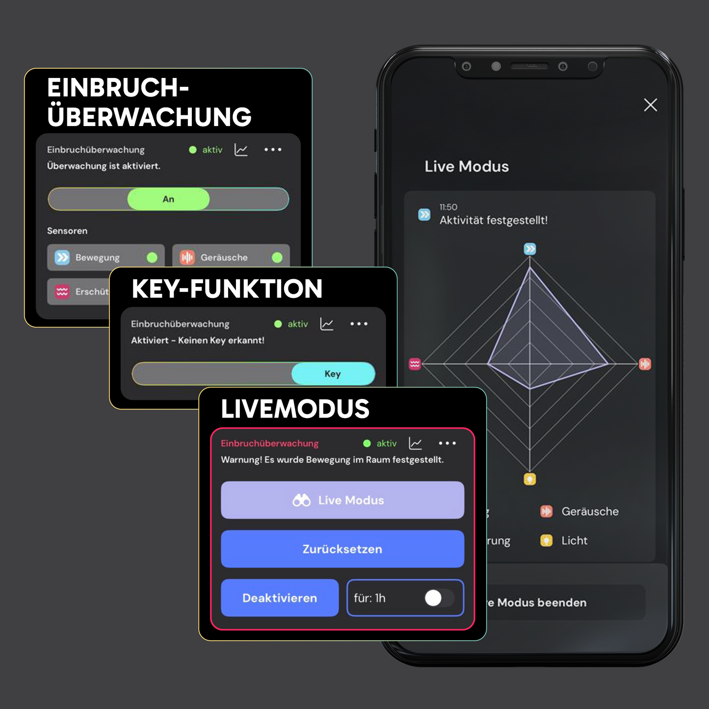 sonsor Appfeature EInbruchsueberwachung, Key-Funktion und Livemodus