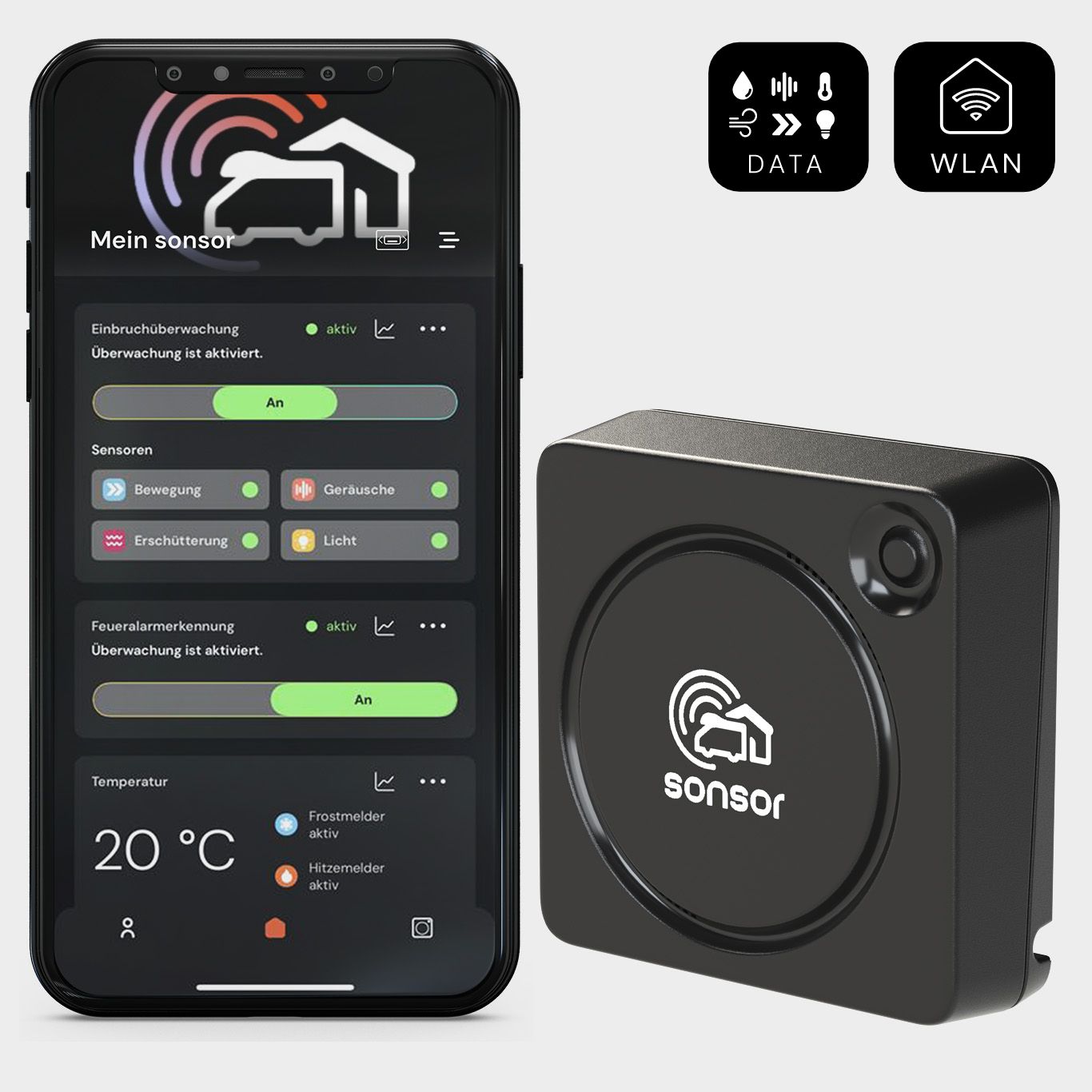 sonsor home Gerät schwarz mit sonsor App