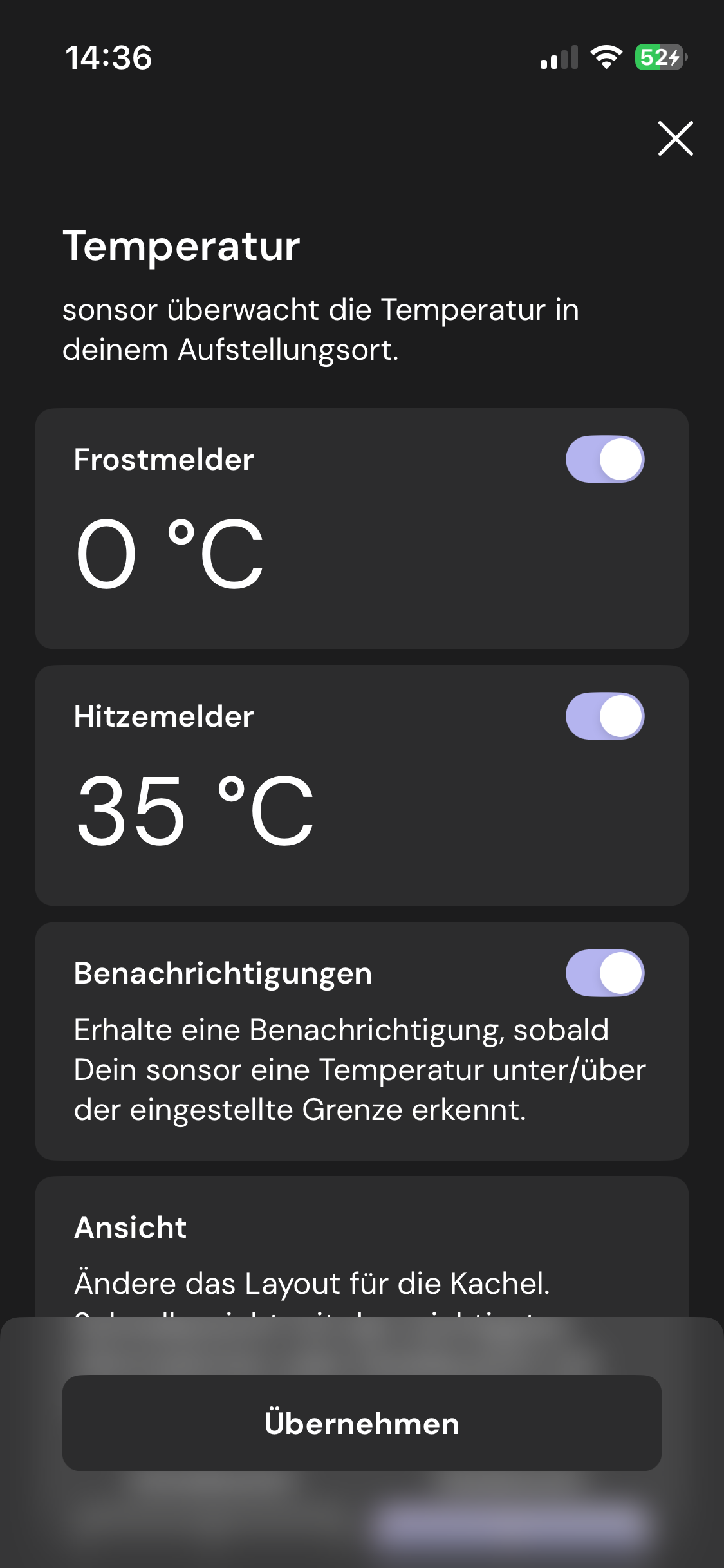 sonsor App Temperaturüberwachung mit Frost- und Hitzemelder Einstellungen