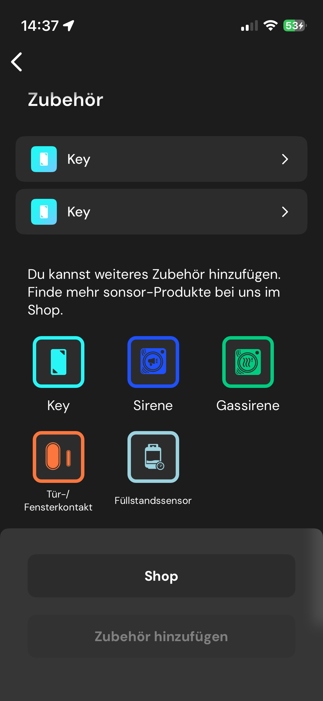 sonsor App Zubehörübersicht mit Key, Sirene, Gassirene, Türkontakt und Füllstandssensor