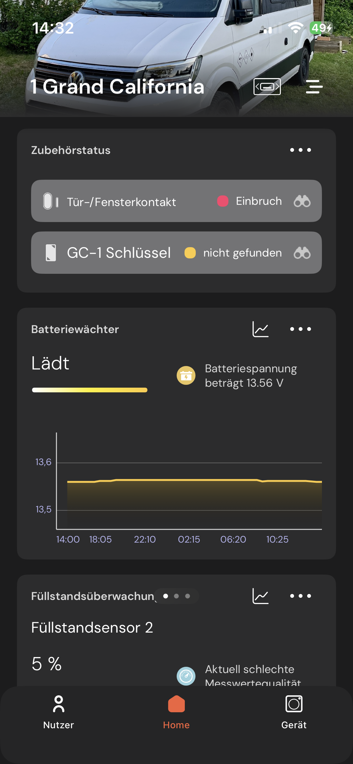 sonsor App Batterieüberwachung mit Anzeige der Fahrzeug-Batteriespannung