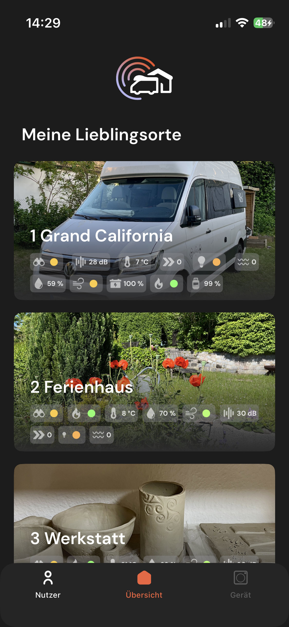 sonsor App Übersicht mit mehreren überwachten Orten und aktuellen Sensorwerten wie Temperatur, Geräuschpegel und Luftfeuchtigkeit