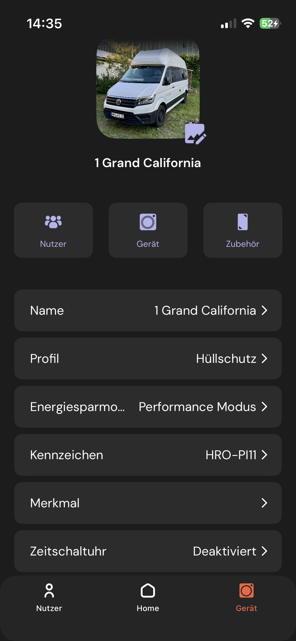 sonsor App Einstellungen für Nutzer und Gerät mit Profilverwaltung, Objektname, Kennzeichen und Energiesparmodus für Camper Alarmanlage