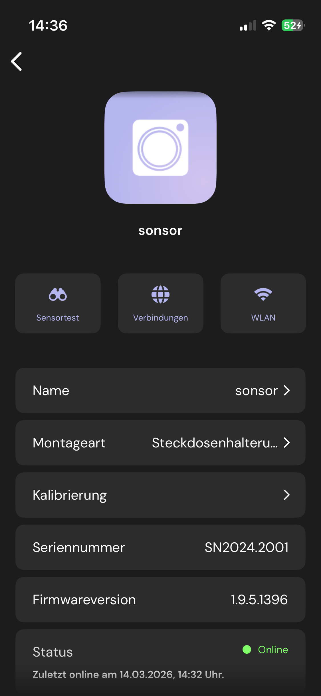 App Screenshotsonsor App Geräteeinstellungen mit Geräteverwaltung, Sensortest, WLAN-Verbindung, Seriennummer, Firmwareversion und Online-Status des Sensors