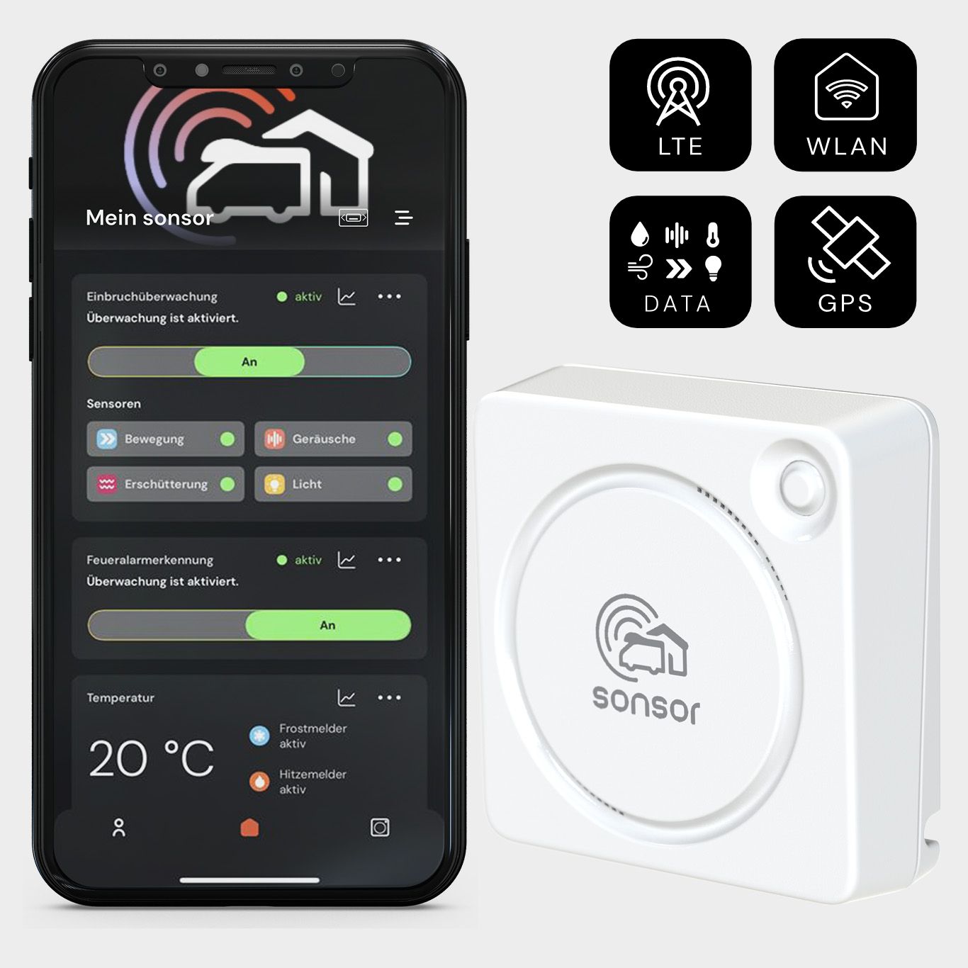 sonsor mobil Gerät weiss mit sonsor App