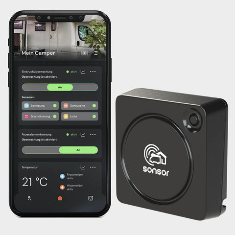 sonsor Gerät schwarz mit Camperstandort in der sonsor App