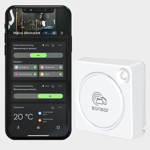 sonsor Gerät weiss mit Werkstatt Standort in der sonsor App